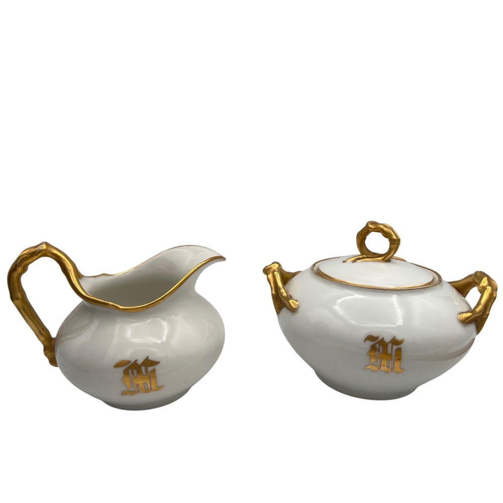 Jean Pouyat Limoges (J.P.L.) Monogrammed Creamer & Sugar Set Twig 24k Handles
